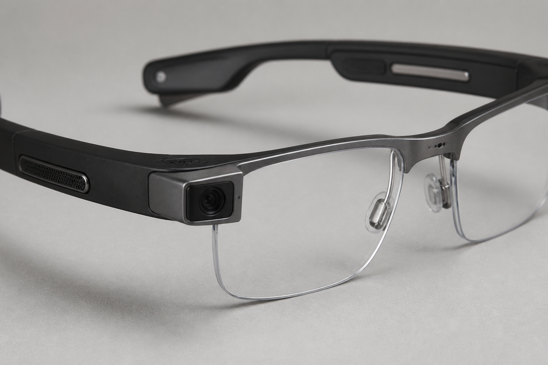 A pair of black AI smart glasses with a small front camera and thick side arms resting on a plain surface.