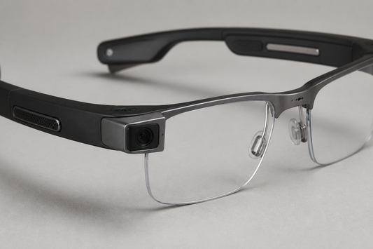 A pair of black AI smart glasses with a small front camera and thick side arms resting on a plain surface.