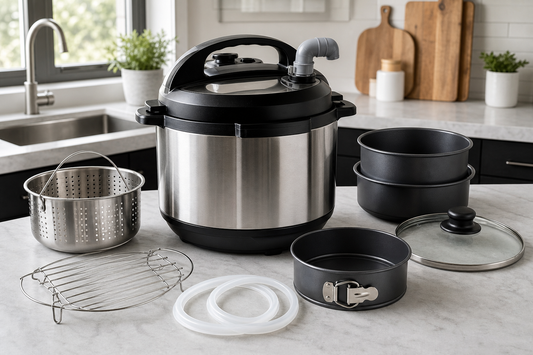 Electric pressure cooker with steamer basket, trivet, sealing rings, pans, glass lid, and silicone steam release elbow on a kitchen counter