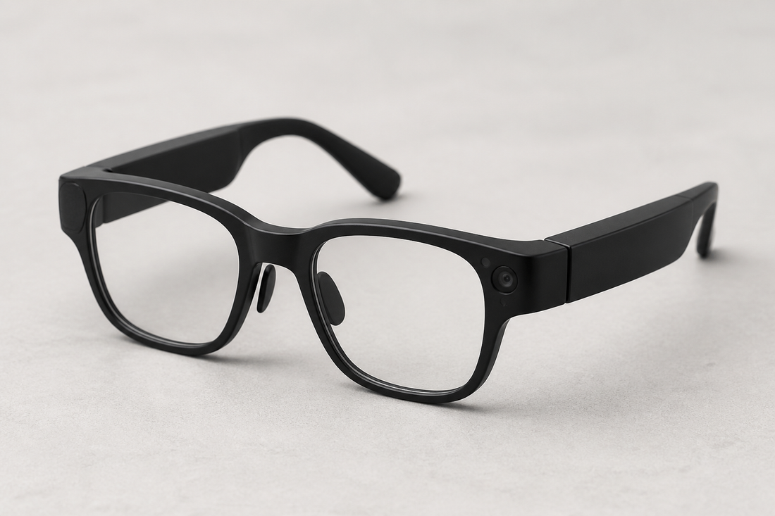 A pair of black smart glasses with integrated audio and camera features on a neutral background