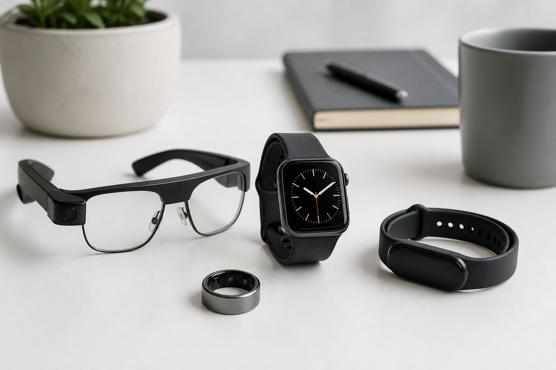 Smart glasses, a smartwatch, a smart ring, and a fitness band arranged on a desk.