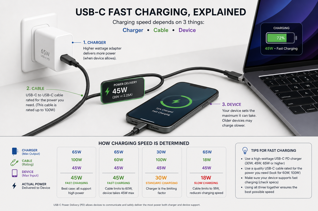 USB-C fast charging cable connected to a charger and devices with wattage display