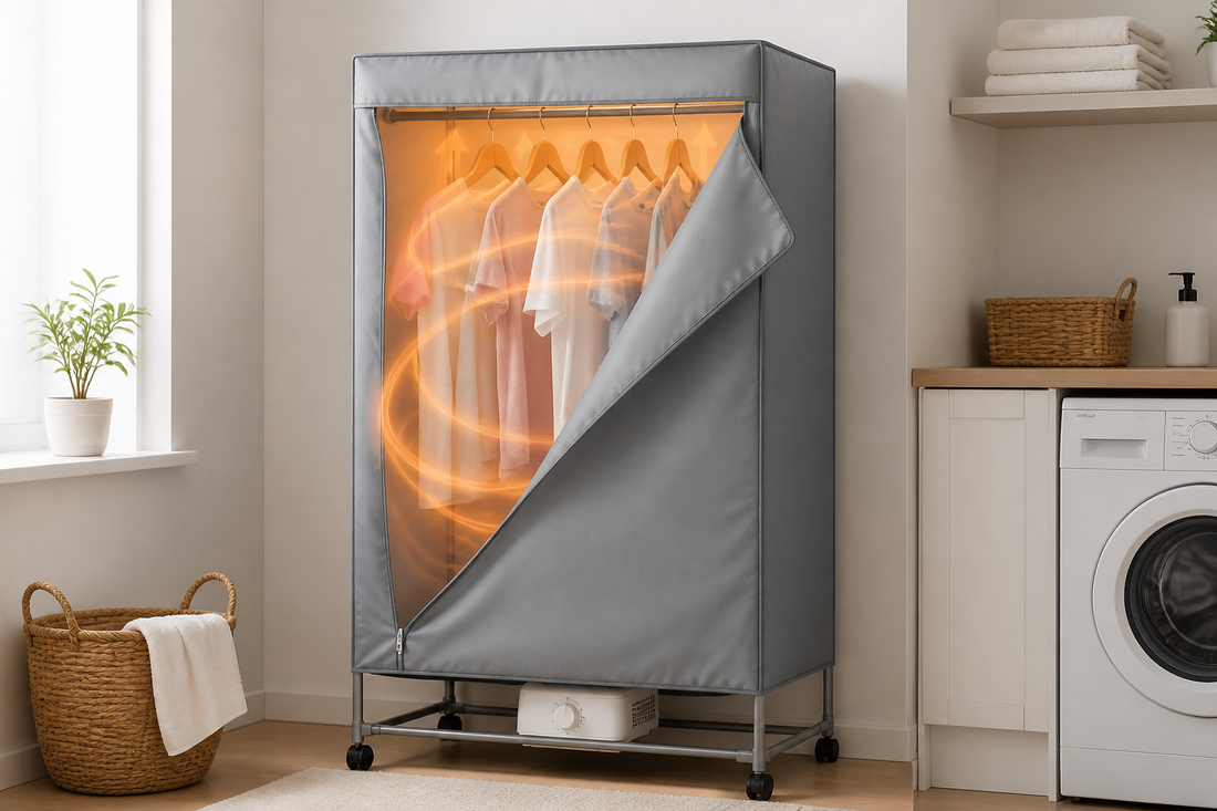 Portable clothes dryer drying lightweight clothing in a small apartment.