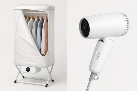 A portable clothes dryer with hanging clothes next to a compact travel hair dryer.