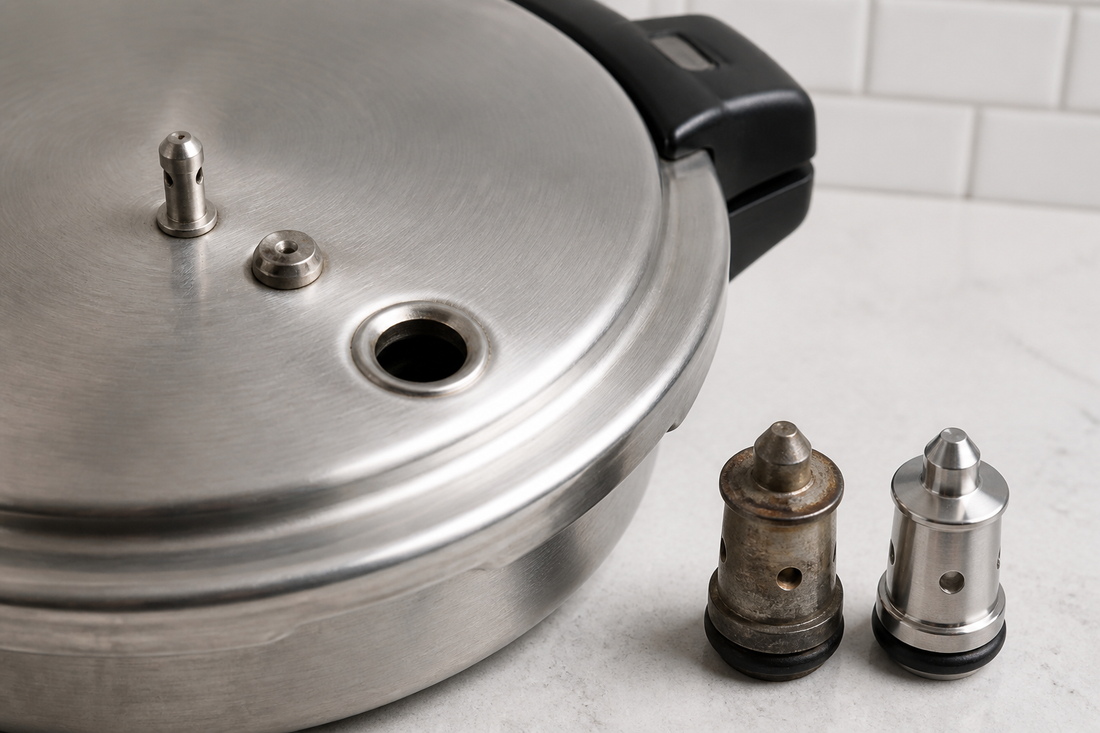 Pressure cooker lid with old steam release valve removed and replacement valve beside it
