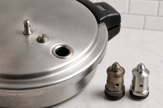 Pressure cooker lid with old steam release valve removed and replacement valve beside it
