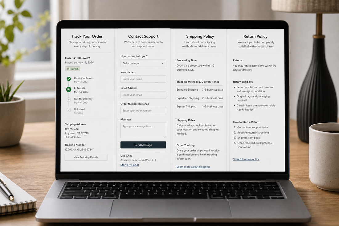 Laptop displaying order tracking, contact support, shipping policy, and return policy pages on an ecommerce website.